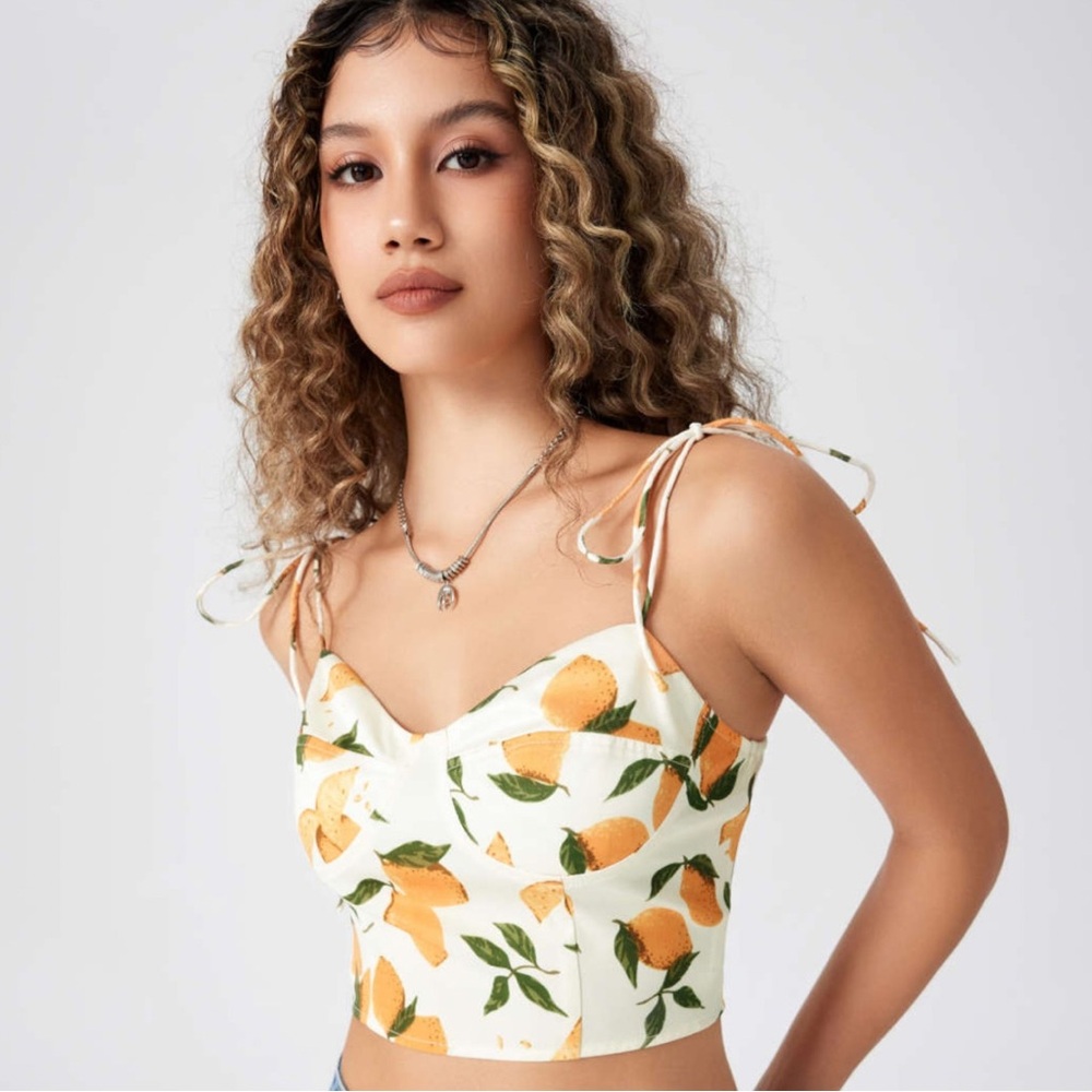 🍊 Cider Citrus Print Tie-Strap Corset Crop Top-Size 1XL | NWOT